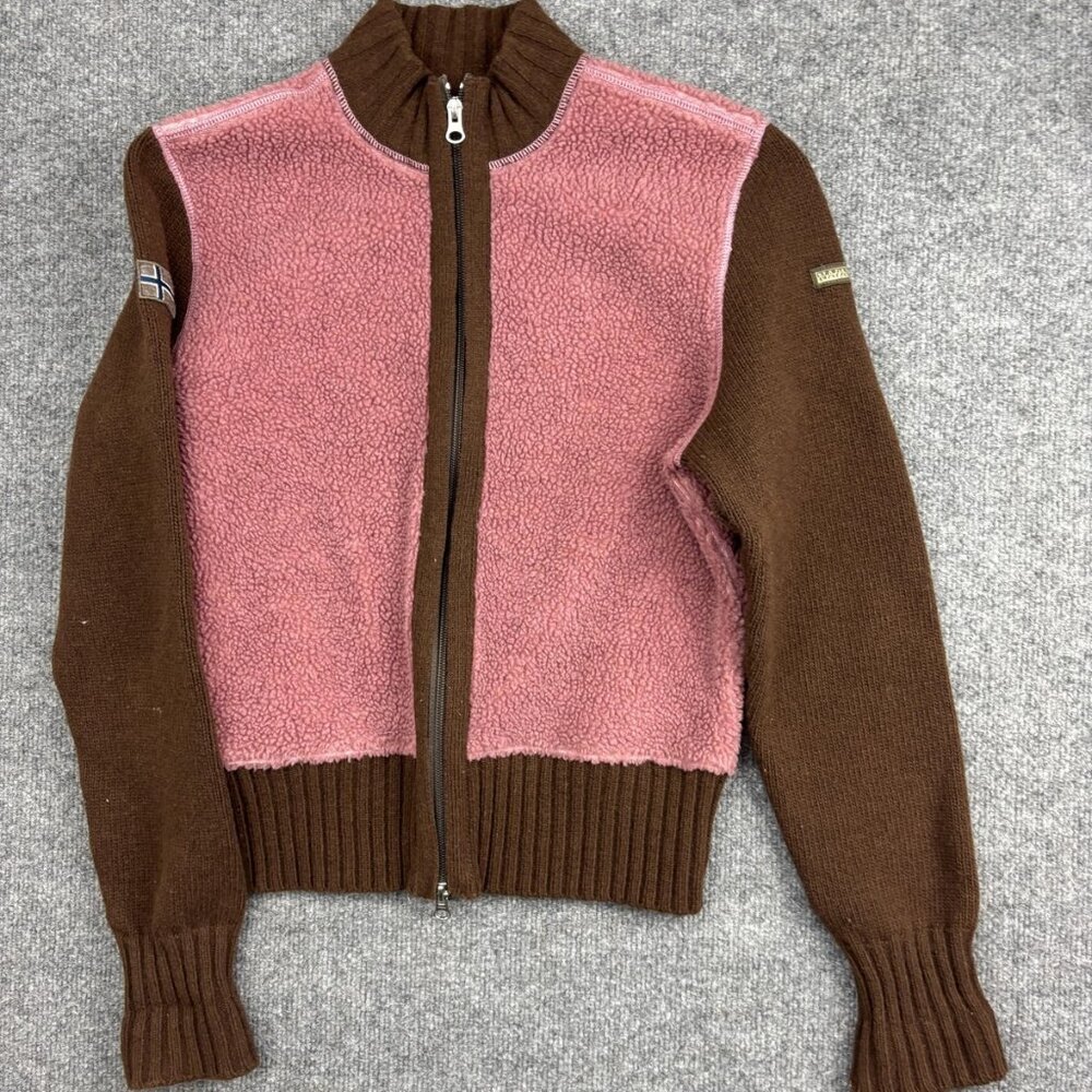 Napapijri Sweater Womens Medium Brown Pink Full Zip Fleece Wool Blend Jacket